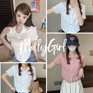 Mollygirl เสื้อครอป ผ้าไหมพรม งานปัก กระดุมสี b251#