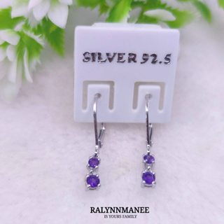 H6426 ต่างหูพลอยอเมทิสต์แท้ ( Amethyst ) แบบห่วง ตัวเรือนเงินแท้ 925 ชุบทองคำขาว