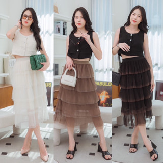 Two-tone 4 layers skirt กระโปรงผ้าซีทรูอัดพลีท เย็บเป็นชั้นๆ สลับทูโทน