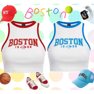 Boston Girl 💙❤️เสื้อกล้ามครอปเข้ารูป แต่งขอบสีฟ้า สีแดง