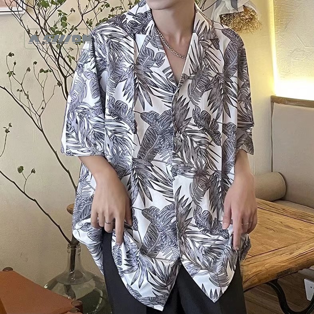 Eashion พร้อมส่ง Cod เสื้อเชิ้ตแขนห้าส่วน ทรงหลวม ลายดอกไม้ สไตล์เกาหลี แฟชั่นฤดูร้อน สําหรับผู้ชาย 