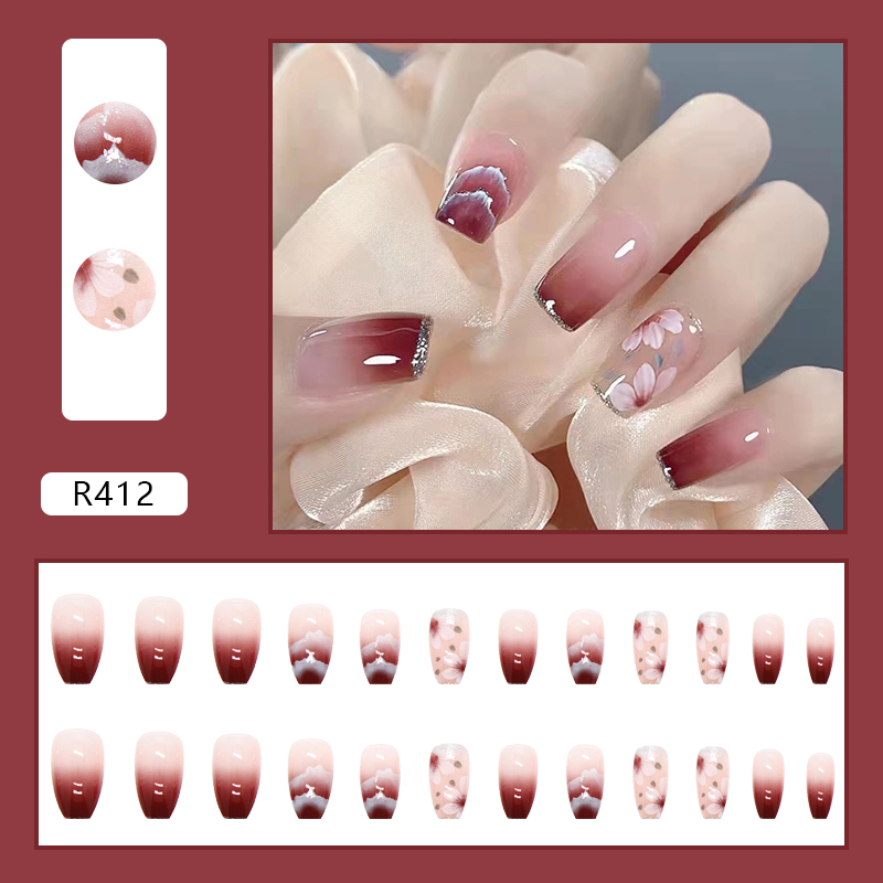 CICI ร้านไทย 【R412】พร้อมส่ง เล็บปลอมสีเจล24ชิ้น เล็บปลอมสำเร็จรูป ใหม่เล็บปลอมกันน้ำ