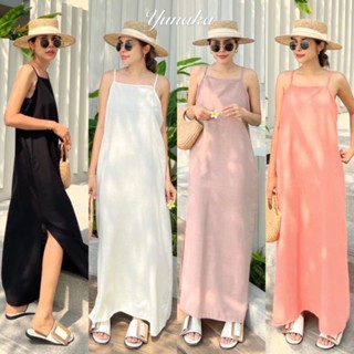 เดรสยาวสายเดี่ยว ผ้าลินิน เรียบ หรู ใส่ง่ายชุดเดียวจบเลยจ้า มีความมินิมอล์ ด้วยโทนสีของนาง มีกระเป๋าข้างสองข้าง