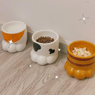 ส่งจากไทย🩵 ชามข้าวแมว ลายอุ้งตีนแมว ยกสูง พอดีกับสรีระแมว cat bowl ชามเซรามิค ชามใส่อาหารแมว