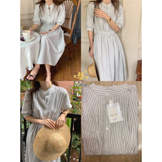 🌈🌿🌸🌺🌼🧡🇰🇷 Cotton Stripe CHN Collar Maxi Dress