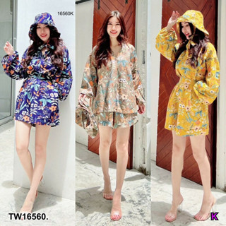 TwinsShopVip💗พร้อมส่ง TW16560 Set 3 ชิ้น เสื้อแขนยาว+หมวกบักเก็ต+กางเกงขาสั้น