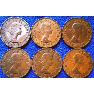 เหรียญ​อังกฤษ​ UK, (ยุค​Elizabeth II), 1/2 Pence, 6 เหรียญ​เรียงปี, #​753T, ใช้แล้ว