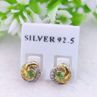 H6458 ต่างหูพลอยเพอริดอทแท้ ( Peridot ) ตัวเรือนเงินแท้ 925 ชุบทอง