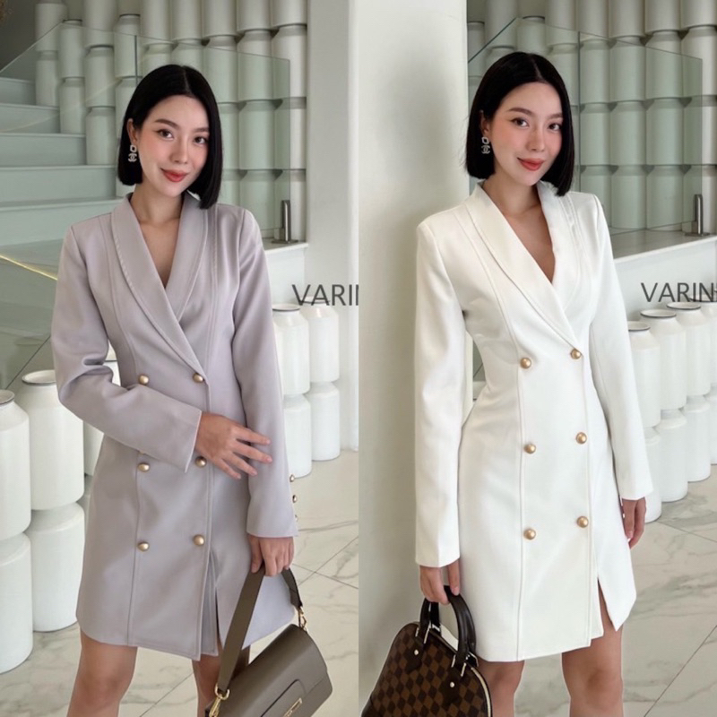 Varinda เดรสสูท 6 ดุม ผ่าหน้า 2 สี (มีถึง XL)🤍🩶