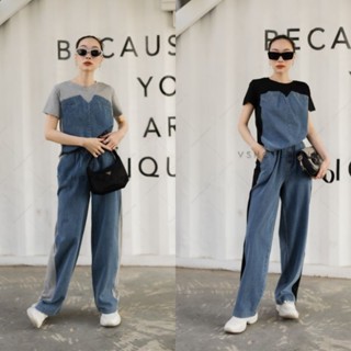 เซต 2 ชิ้น เสื้อยืดแต่งยีนส์+กางเกงขายาว VSHOP
