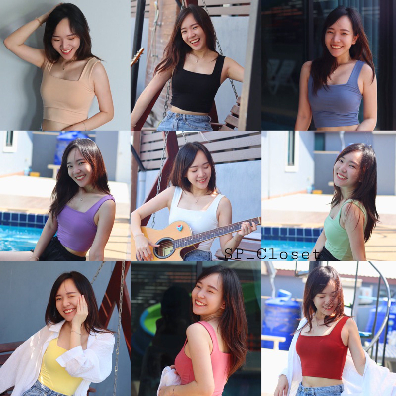 🌈SP Closet🌈เสื้อกล้ามครอปคอเหลี่ยม ผ้าหนา2ชั้น พร้อมส่ง ❤️