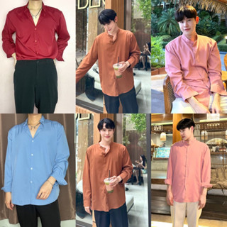 S6: (สีใหม่) เสื้อเชิ้ตคอจีนแขนยาว สีพื้น พร้อมส่ง ไซซ์ M L …