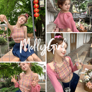 mollygirl เสื้อเซตลายสก็อต เสื้อคุมแขนยาวสีชมพู พร้อมส่งในไทย 579#