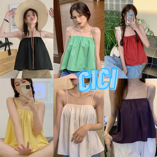 Cici(NO.J3098)เสื้อครอปสายเดี่ยวสีพื้น ดีเทลสม็อกรอบอก สไตล์Minimal