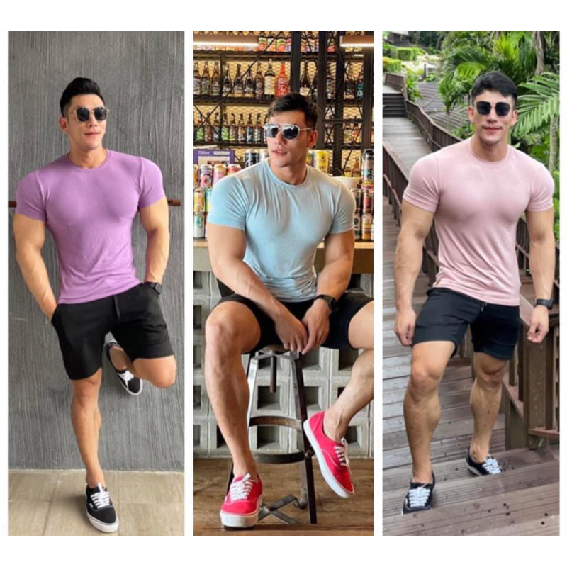 เสื้อยืดผู้ชาย แขนสั้นคอกลม ทรงเข้ารูป เนื้อผ้ายืดตามหุ่น งานตัดเอง ไม่ซ้ำใคร แบรนด์MuscleArt ภาพถ่ายจากสินค้าจริง