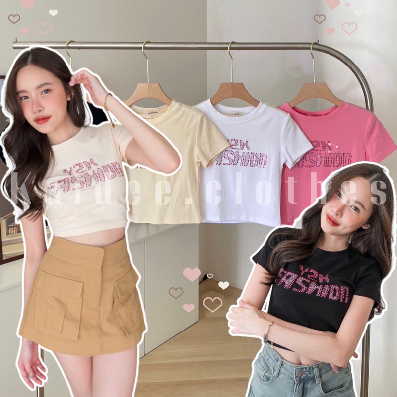 Kaidee: ^_^ 🤍Y2Kเสื้อครอปแขนสั้น  ปักเพรช Y2K Fashion