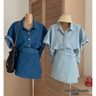 🇰🇷New🇰🇷  Korea denim2 pcs set Set2ชิ้น เสื้อยีนฟอกสีเข้ม แขนสั้น มาพร้อมกระโปรงกางเกงเข้าชุดเลยค้า