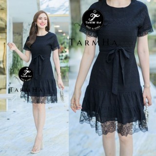 เดรสดำออกงาน!!! S-6XL Mini Dress เดรสสีดำผ้าฉลุลายชายลูกไม้+สายผูกเอว งานป้าย Tarm Ha