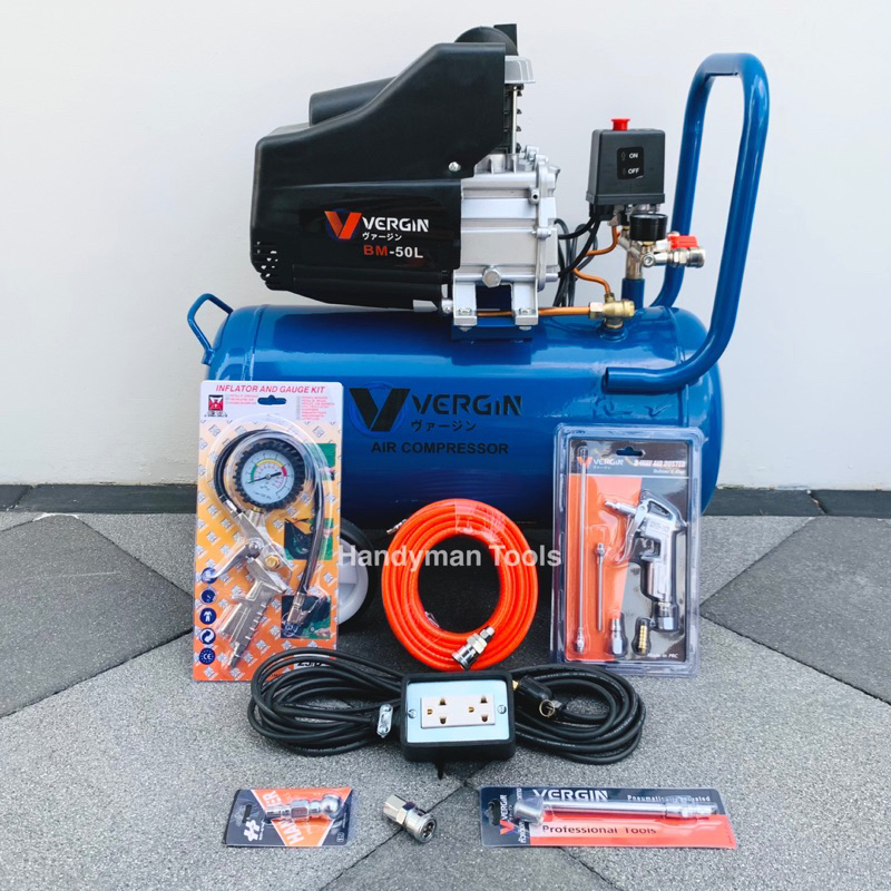 VERGIN**รับประกัน 1 ปีเต็ม** ปั๊มลมโรตารี่ ปั๊มลม 50 ลิตร รุ่น VG-50L พร้อมอุปกรณ์ 6 อย่าง+ปลั๊กพ่วง 10 เมตร