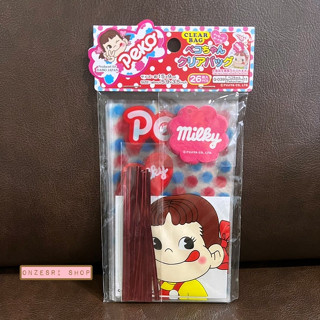 เซ็ตถุงใส่ของ Fujiya Milky Peko Clear Bag จากญี่ปุ่น แบบใส สีขาว มาพร้อมลวดมัด แท็กกระดาษ ขนาดถุง 15 x 9 ซม. มี 26 ใบ