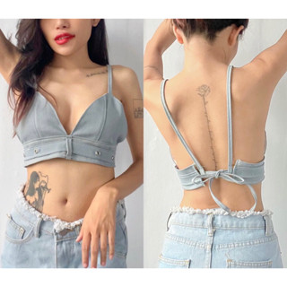 Sexy Denim Tops เสื้อครอปยีนส์ผูกหลัง สายฝ Y2K