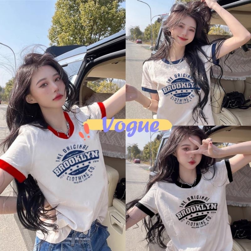 Vogue🌟พร้อมส่ง🌟 เสื้อยืดไหมพรมแขนสั้น คอกลม ลายตัวอักษร3สี (96151-1/96151New) -C