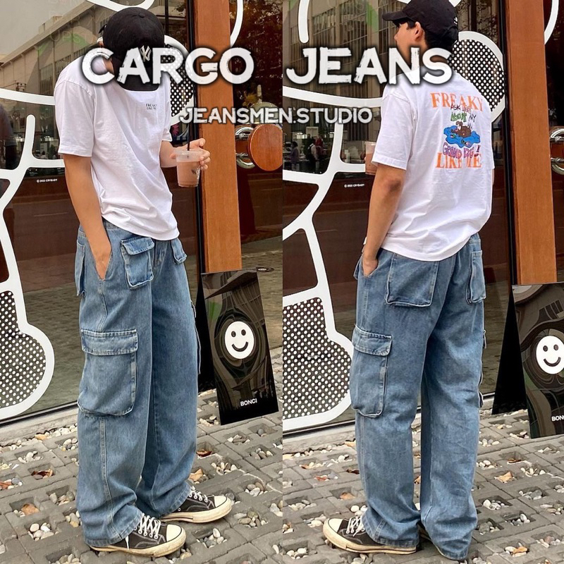 ล้างสต๊อค พร้อมส่ง Cargo jeans ( สี Blue ) กางเกงยีนส์คาร์โก้ Y2K คุณภาพดี