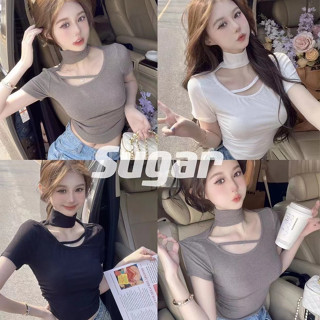 Sugar 🌈พร้อมส่ง🌈เสื้อยืดคอเต่า แขนสั้น เว้าหลัง ผ้าบางใส่สบาย รัดรูป(148)