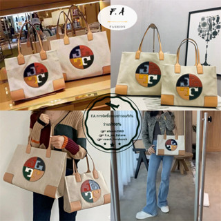 F.A ว่าแท้100% tory burch แท้ Ella Color Block Logo Tote ผ้าใบผ้าฝ้ายผู้หญิง + หนังกระเป๋าสะพายข้างที่มีประโยชน์ สองขนาด