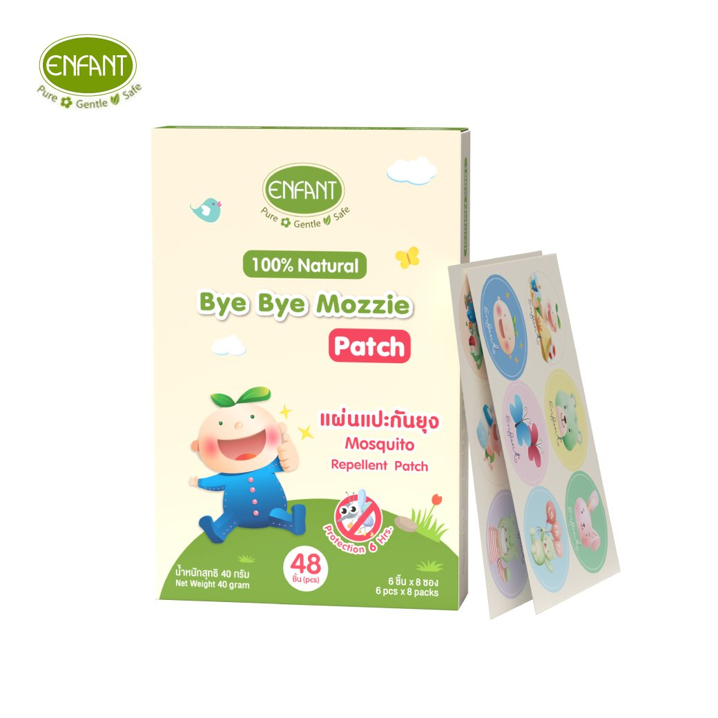 (ซื้อในไลฟ์มีโค้ดลด 50%) Enfant- Bye Bye Mozzie Patch สติ๊กเกอร์แผ่นแปะกันยุง สูตรใหม่ยาวนาน 8 ชั่วโ