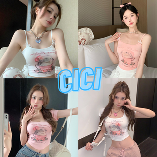 Cici(NO.J601/J602) สายเดี่ยว/เสื้อครอป พิมพ์ลายกระต่ายน้อย สายเดี่ยวแต่งดีเทลโบว์ที่สายเสื้อสุดcute