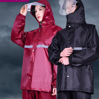 ชุดกันฝน เสื้อกันฝน สีกรมท่า มีแถบสะท้อนแสง รุ่น หมวกติดเสื้อ Waterproof Rain Suit เสื้อกันฝนมอเตอร์ไซค์