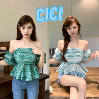 Cici(NO.Y55)เสื้อเปิดไหล่แขนพองสุดเก๋ ด้านหลังเป็นสม็อค พิมพ์ลายสไตล์ฝรั่งเศส