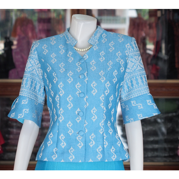 เสื้อผ้าฝ้ายทอลายขอ สีฟ้า