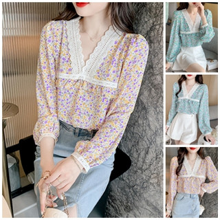 พร้อมส่ง : เสื้อลายดอกไม้ผ้านุ่มลื่นใส่สบาย[G28]