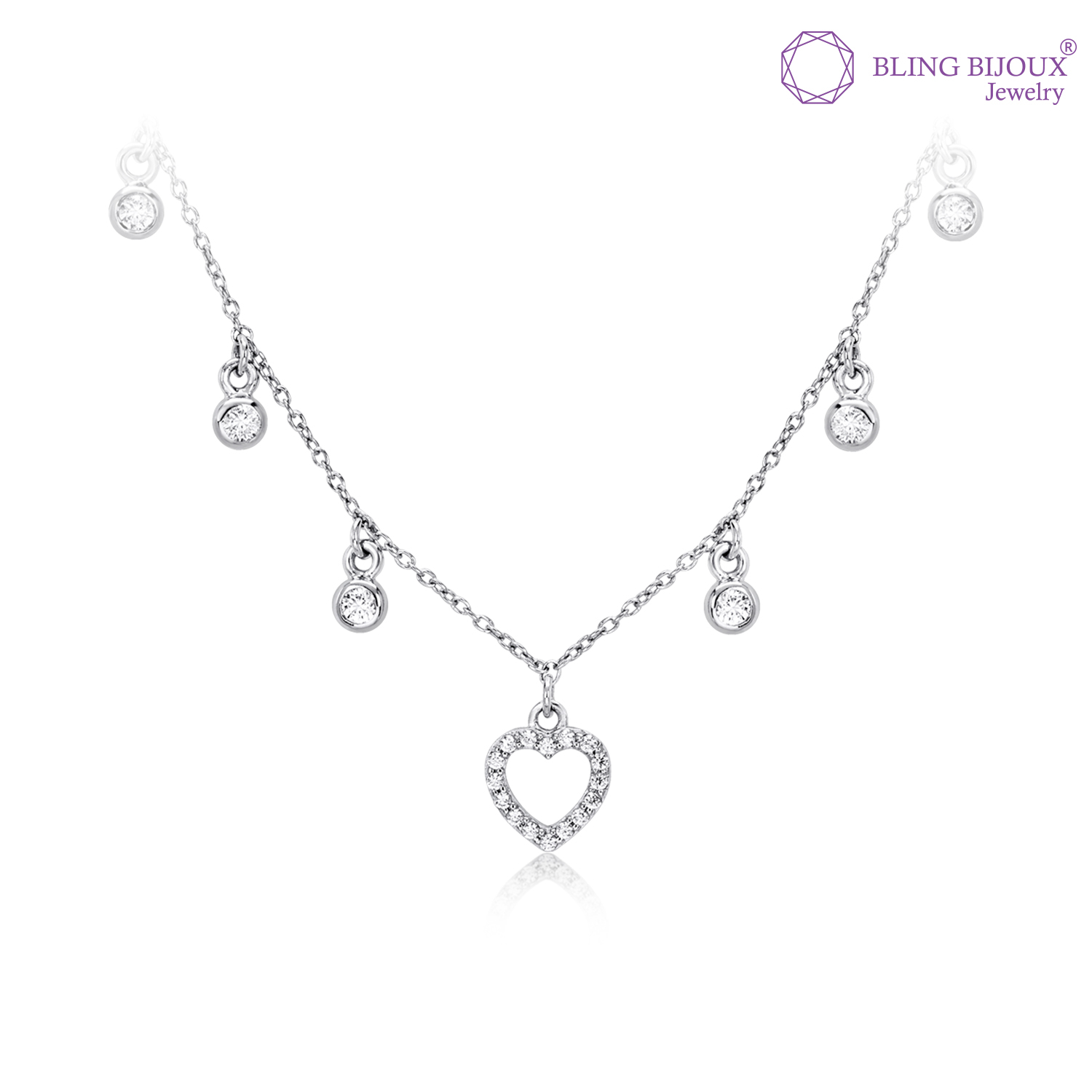 Bling Bijoux สร้อยคอ สร้อยเงินแท้ จี้รูปหัวใจ ล้อมรอบด้วยเพชรห้อยเม็ดกลม แสดงความรักที่ไม่มีที่สิ้นส