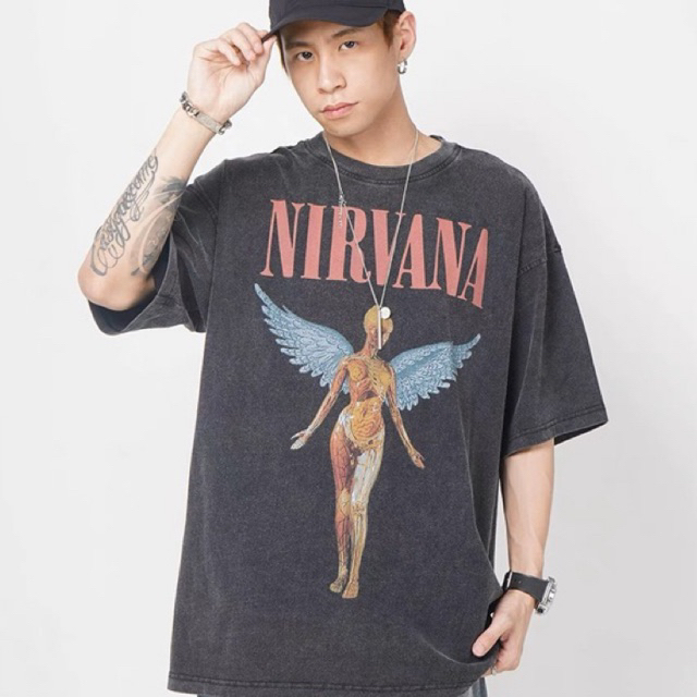 เสื้อยืดผู้ชายโอเวอร์ไซส์ nirvana in utero นางฟ้า