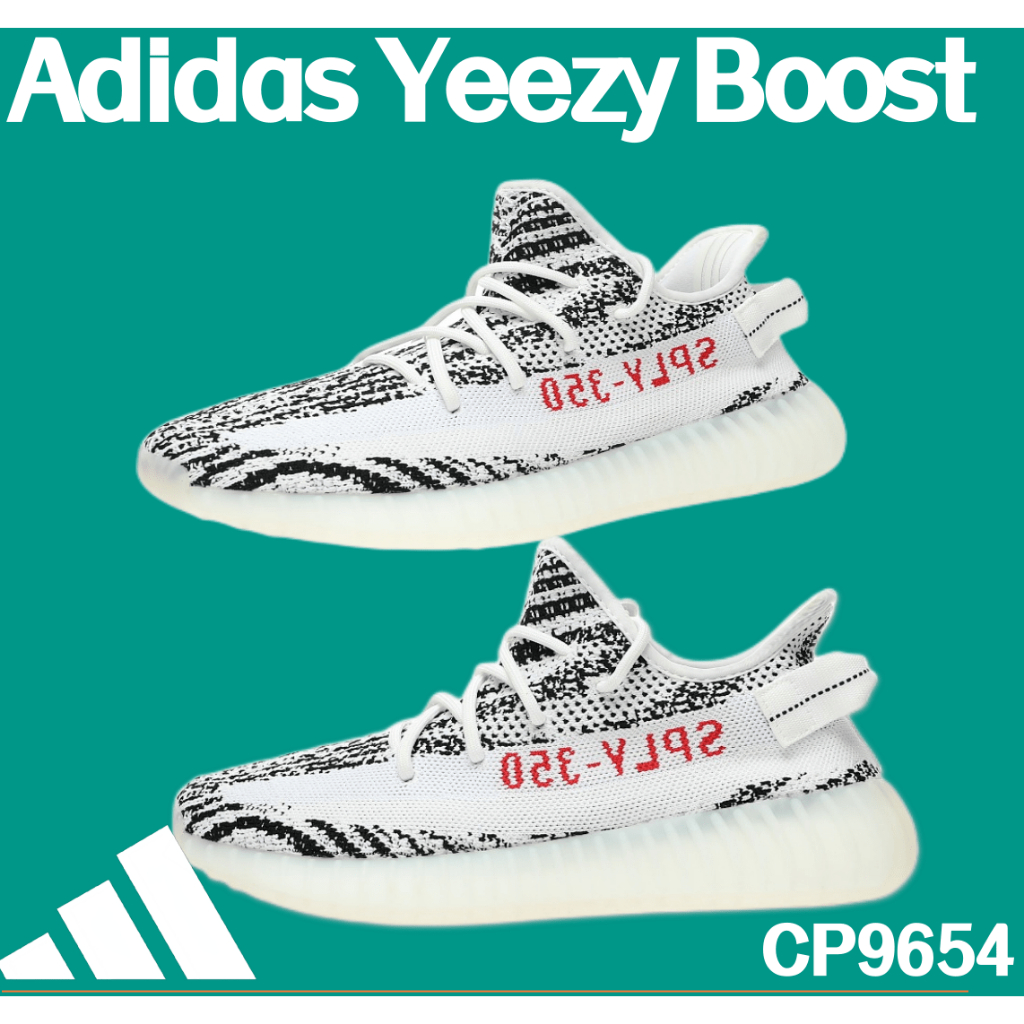 Kanye West x Adidas Yeezy Boost 350 V2 Zebra .Flying Knitting Socks รองเท้ากีฬาจ็อกกิ้ง ม้าลาย ขาว ดำ อักษรแดง CP9654