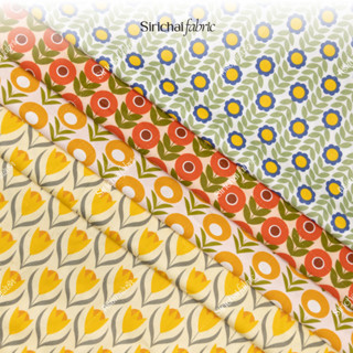 ผ้าคอตต้อน 100% ลายแพทเทิร์นดอกบัว ดอกดาวเรือง ดอกโคมไฟจีน ด…