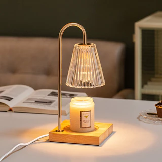 [แพคเกจกล่องของขวัญ] โคมไฟอุ่นเทียน Candle Warmer ตั้งเวลา หรี่แสง ขาไม้, โป๊ะโคมแก้ว พร้อมหลอดไฟฟรี 1 หลอด