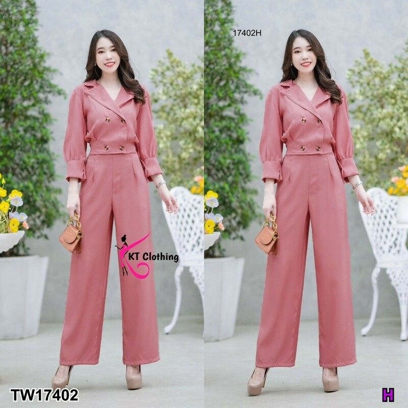 ชุดเซท (มีหลายสี) เสื้อคอปกสูท แขนพอง ทรงครอป + กางเกงขายาว ชุดทำงาน มีดีไซน์เรียบหรู เสื้อผ้าแฟชั่น 17402 - รูปที่ 2
