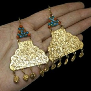 ต่างหู หินเทอร์ควอยส์ และ หินปะการัง แฮนเมด Afghan Turquoise &amp; Coral Earrings Dangle Jewelry Gemstone Handmade