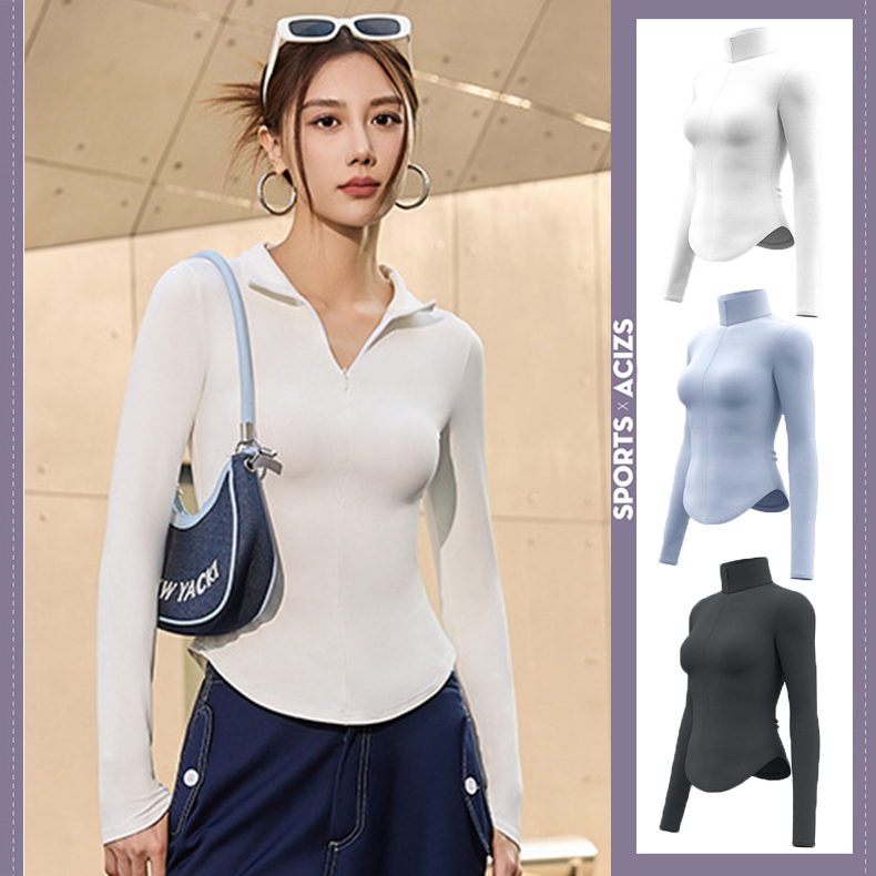 เสื้อแขนยาวซิปครึ่ง เสื้อสเวตเตอร์ปก เสื้อผ้าโยคะ [กรุงเทพ พร้อมส่ง]