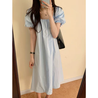 Cicishop(C3091)เดรสยาวผ้าคอตตอนแขนพอง ดีเทลเว้าหลังลุคคุณหนูแอบแซ่บ