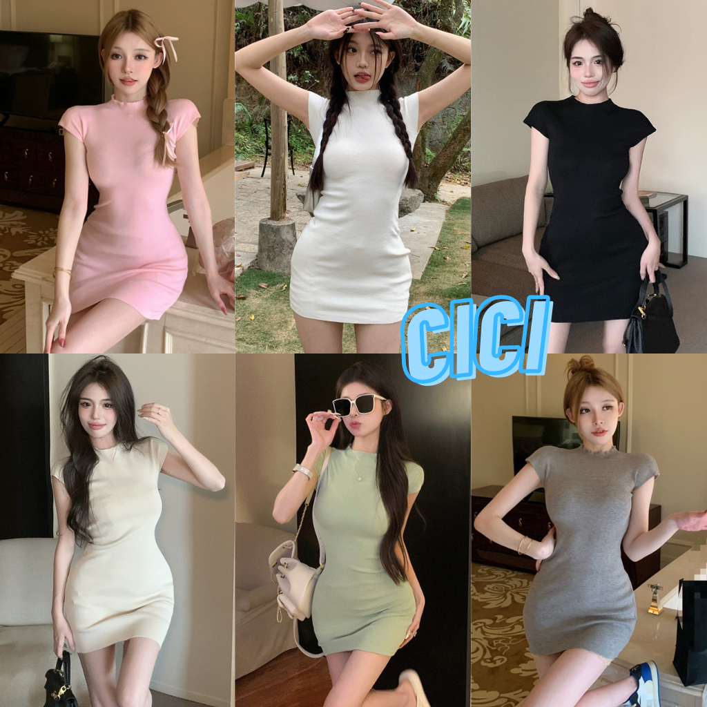 ส่งทันที Cici(NO. 7672)มินิเดรสผ้าไหมพรม แขนสั้นคอสูง สีพื้นทรงสลิมฟิต สไตล์ลูกคุณสุดๆ