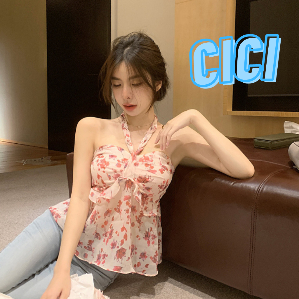 ส่งทันที Cici(NO. WK895)เกาะอกสายคล้องคอ ผ้าชีฟองลายดอกไม้ ด้านหลังเป็นสม็อค สุดแซ่บ