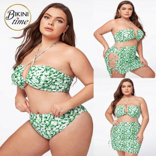 🏖BikiniTime (2XL-3XL) SB253 ทูพีซสาวอวบ ไซส์ใหญ่พิเศษ! งาน3ชิ้นมีกระโปรง สีเขียวลายดอกเดซี่ อกมีฟองน้ำ