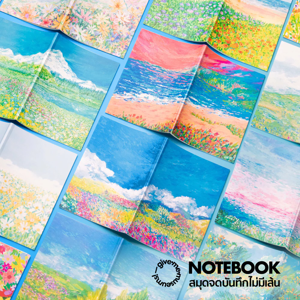 สมุดโน๊ตลายทิวทัศน์ธรรมชาติ ทุ่งดอกไม้ ท้องฟ้า ขนาด A5 notebook พกพาสะดวก สีสดใส ไม่มีเส้น ใช้ง่าย มีหลายลายให้เลือก