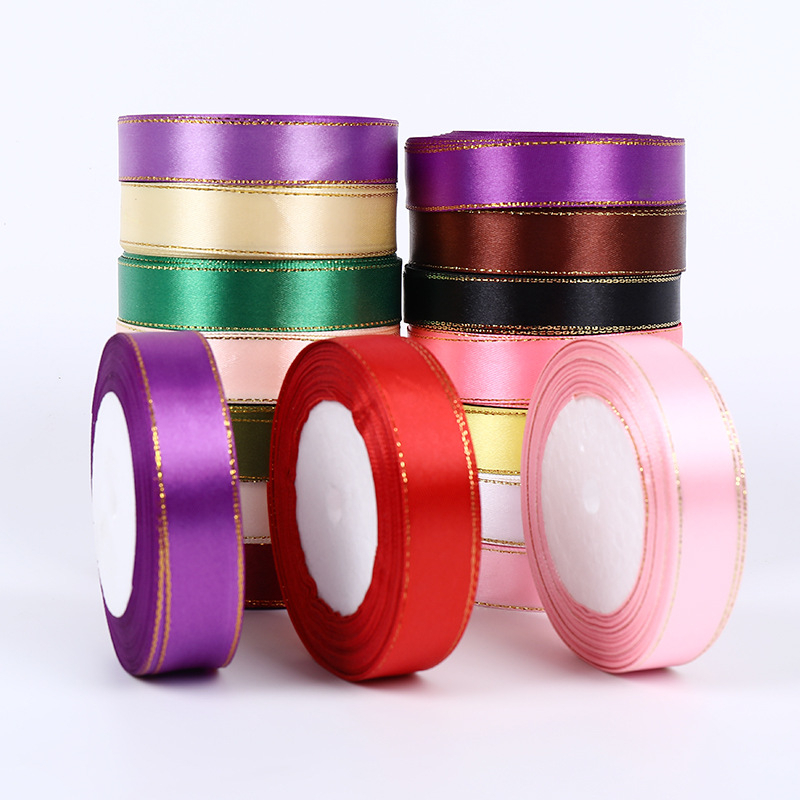 ริบบิ้น ขอบทอง (1นิ้ว) พร้อมส่ง ม้วนละ25หลา ริบบิ้น ผ้าซาติน โบว์ผูกของขวัญ