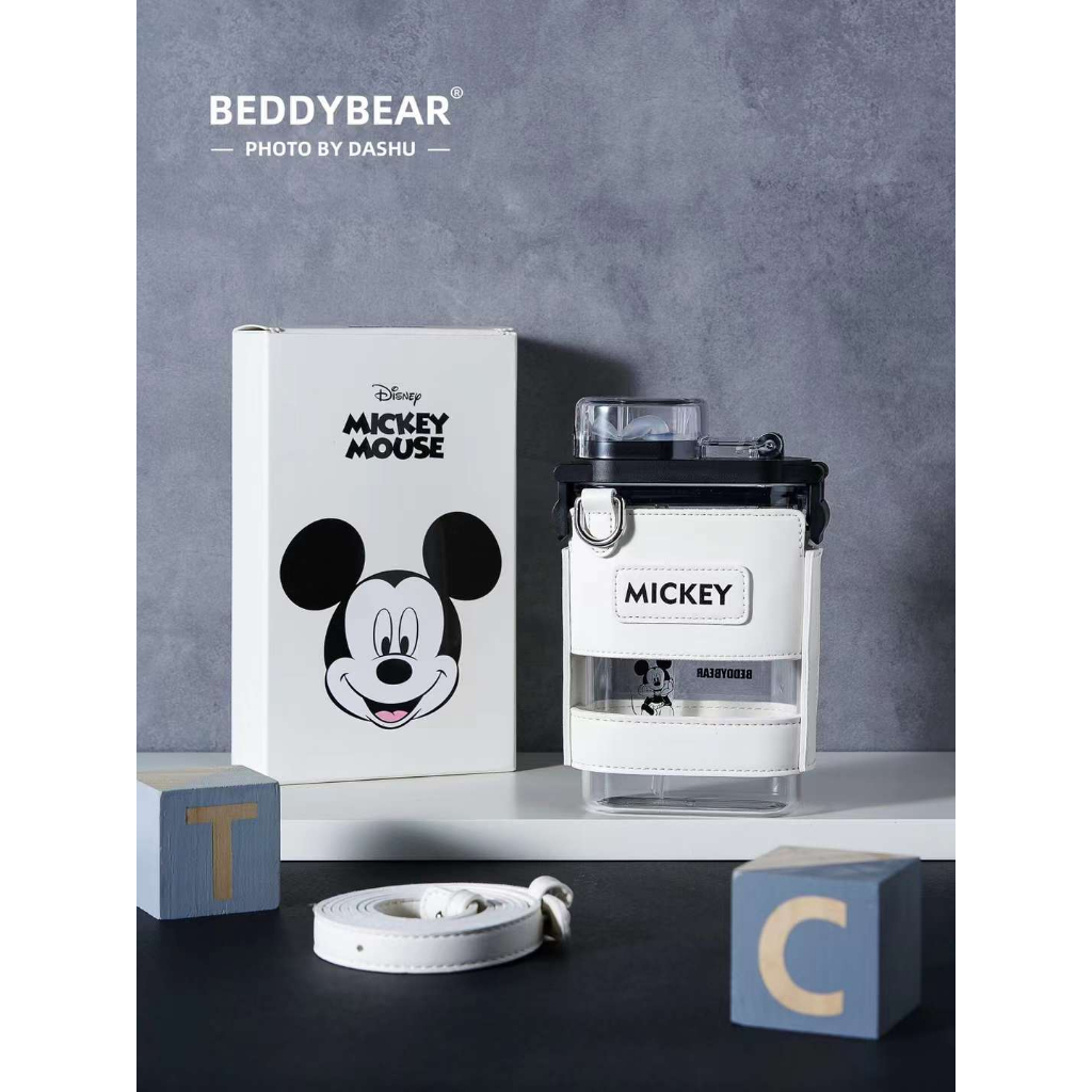 BeddyBearXMickey Mouse กระติกน้ำใสไตรตัน  ฝาหลอดดูดพร้อมปลอกหุ้มหนังและสายสะพาย  รุ่น BB009MM-008MC ขนาด 400 ml.